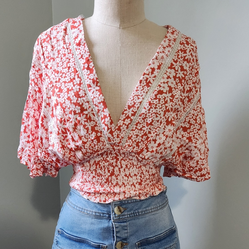 Floral V-Neck Red Top